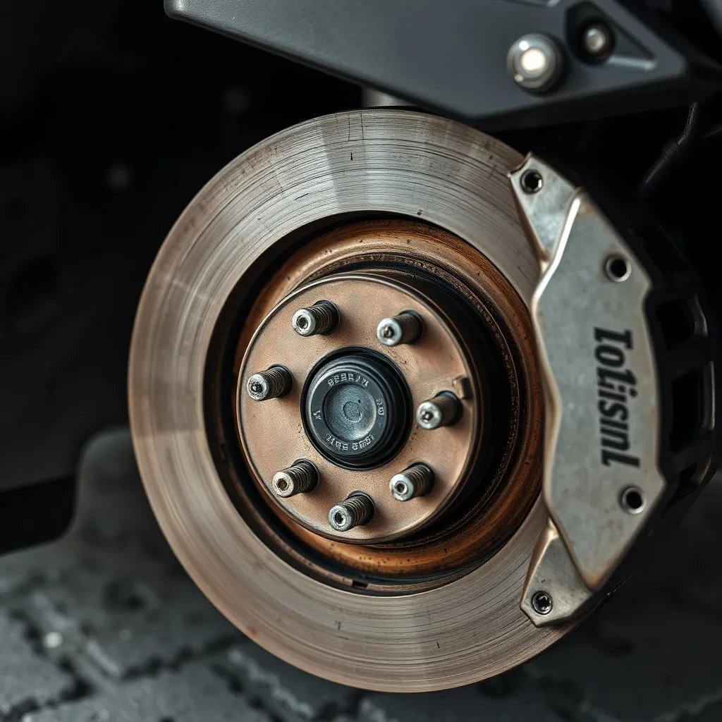 Close up of a car brake disc and caliper, industrial look, m