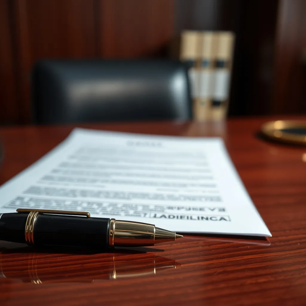 A close-up of a legal document with a pen on a mahogany desk