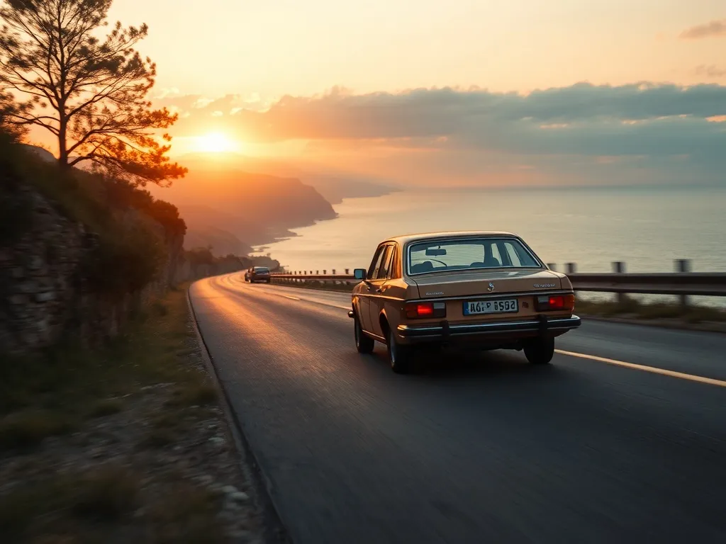 A vintage 1970s Eastern European car driving on a coastal ro