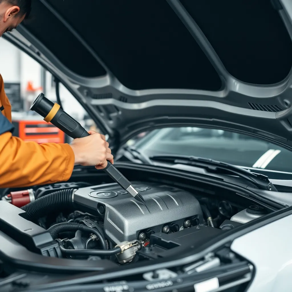A modern car engine bay being inspected by a mechanic with s