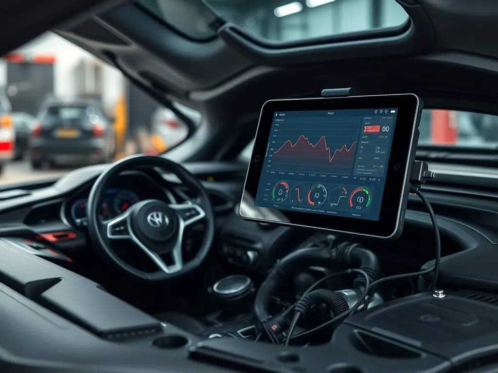 A modern car engine bay with a professional diagnostic table