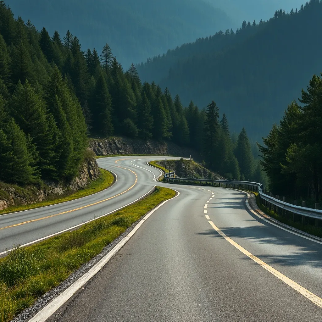 Winding mountain road in Mecsek hills, asphalt texture, fore