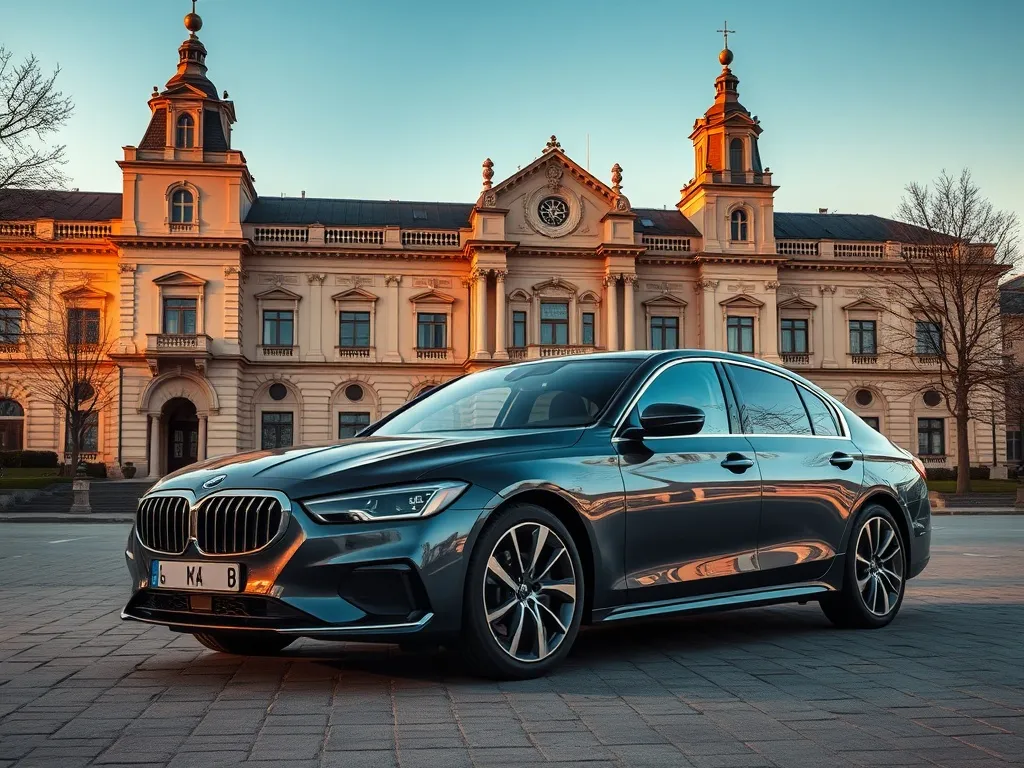A modern high-end sedan parked in front of a historic Europe